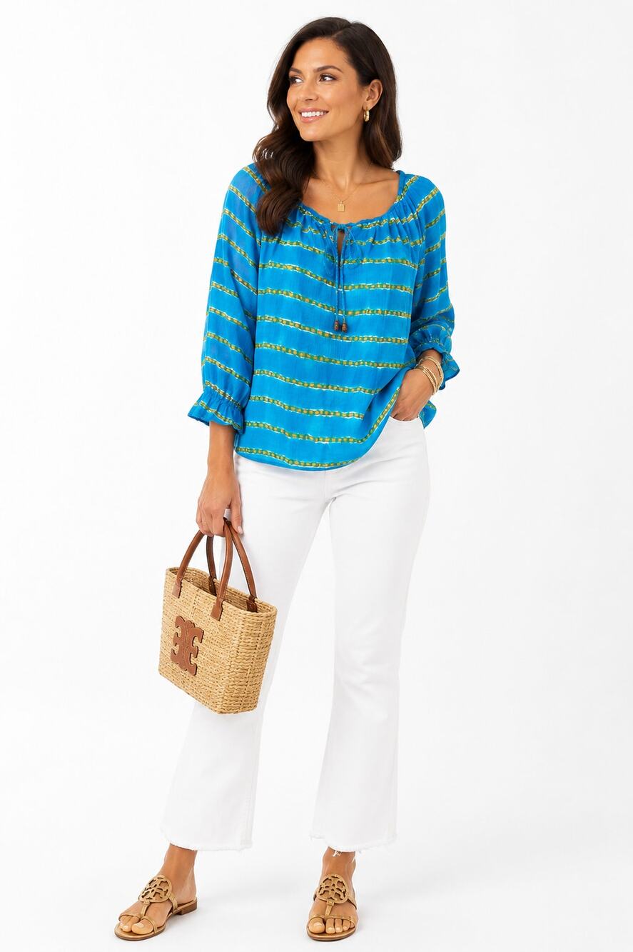 Lauren Ralph Lauren XL Blue Green Striped Cotton Peasant Blouse Boho Tie Neck